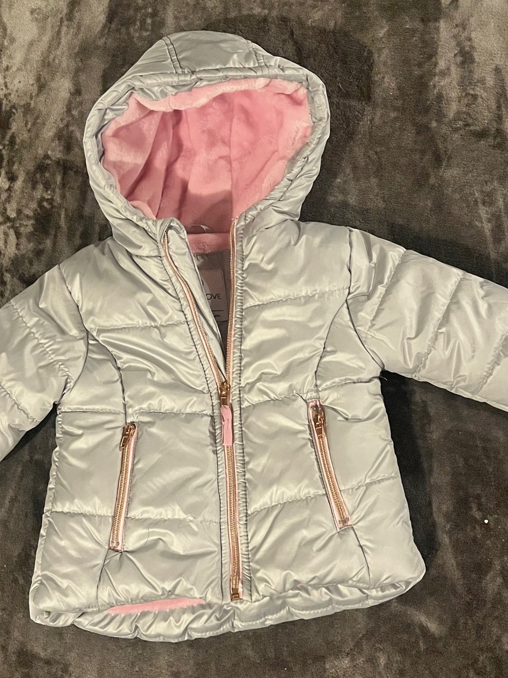 Body Glove Girls' Light Gray Puffer Jacket with Pink Fleece Hood
